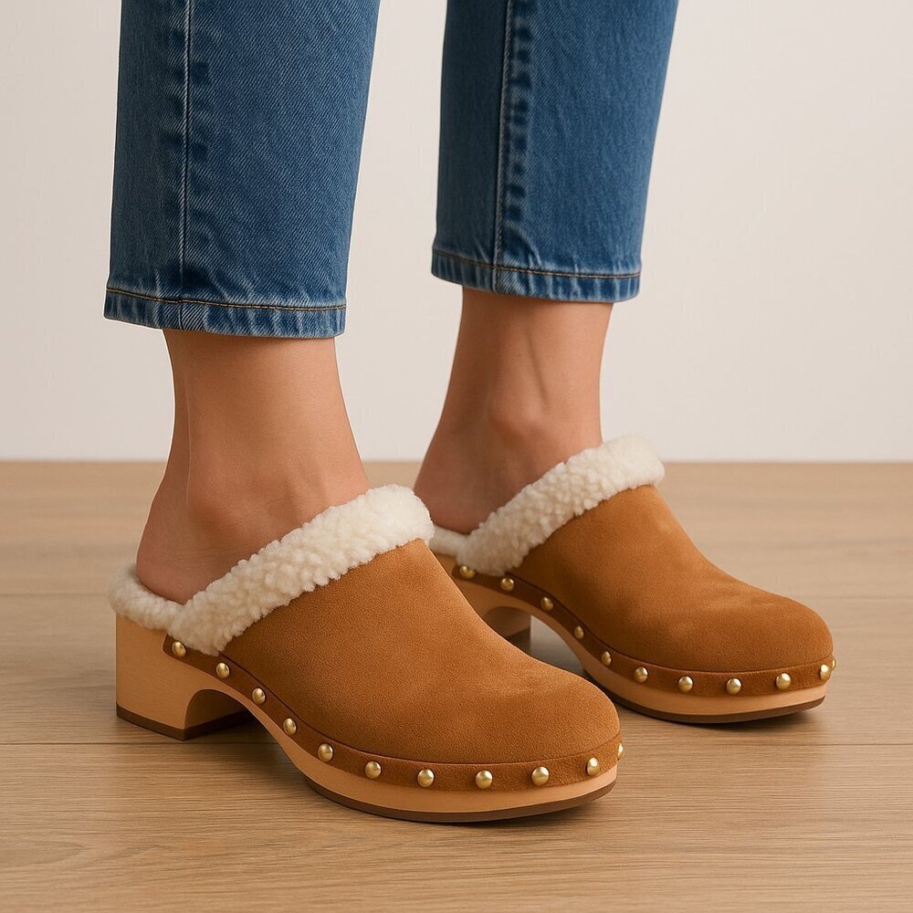 Caslon Suede Faux Shearling Studded Clog Mules Tan 10M